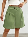 Women's green high-waisted wide-leg shorts with double buttons and pleated design - Light Green
