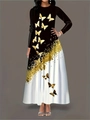 Robe longue femme à manches longues imprimé papillon en noir et blanc avec doré - S / Patchwork Noir et Blanc