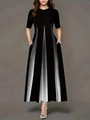Elegantes schwarzes Maxi-Kleid in Übergröße mit silbernen Falten und Rundhals - 1XL / Schwarz