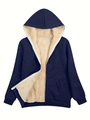 Navy blue plus size women's hooded jacket with warm cream fleece lining and zip closure - Navy Blue