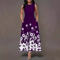 Elegantes lila ärmelloses Maxikleid mit weißem Blumendruck und einem Rundhalsausschnitt - S / Lila
