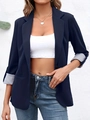Navy blue women's slim blazer with striped cuffs and notched lapel, business casual style - Navy Blue