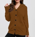 Detail view of deep brown hooded knit cardigan with classic black buttons and ribbed hem - S / Caramel color