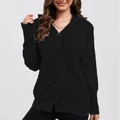 Women's black hooded knit cardigan with front buttons and ribbed long sleeves - S / Black