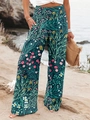 High-waisted bohemian floral print wide-leg trousers in dark teal with casual fit - S / Green