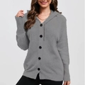Women's casual grey hooded knit cardigan with front buttons and drawstring detail - S / Gray