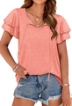 Detail of V-neck with decorative drawstrings and double-layer ruffle sleeves on coral top - S / Pink