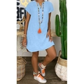 Light blue loose V-neck short sleeve cotton linen dress for summer vacation style - S / Tops / Light Blue