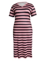 Detail of pink and black striped maxi dress with V-neckline and short sleeves - 1XL / Pink
