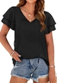 Detail shot of black V-neck t-shirt featuring elegant layered ruffle sleeves and neck ties - S / Black