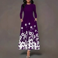 Elegantes tiefviolettes Langarm-Maxikleid mit weißem Blumendruck und Rundhalsausschnitt - S / Lila