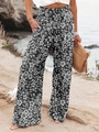 Women high waisted wide leg trousers featuring black and white floral print for summer - Black and Gray