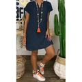 Dark blue loose cotton linen dress with V-neck and short sleeves in casual style - Dark Blue