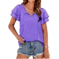 Detail of V-neck purple casual T-shirt with double-layered ruffle sleeves and drawstrings - Purple