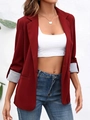 Women's burgundy slim-fit blazer with lapel collar and striped lining on cuffs - Burgundy