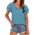 Detail of sky blue V-neck top showing ruffle sleeves and drawstring neckline design - Teal