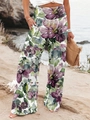 Floral print wide-leg pants in white with purple and green watercolor flowers - Fuschia