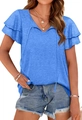 Detail of royal blue V-neck top showing double layer ruffle sleeves and tie-up design - S / Blue
