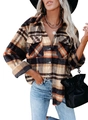Women's plaid flannel shirt in orange and brown with metal buttons and chest pockets - S / Khaki