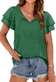 Detail of dark green V-neck top showing layered ruffle sleeves and decorative neck ties - S / Green