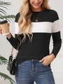 Women's slim fit long sleeve knit top with chic black and white color block design - S / Black