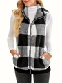 Gilet in pile scozzese da donna con collo alto, zip e motivo a quadri grigio chic - S / Quadri Neri e Bianchi