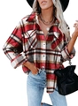 Women's oversized plaid flannel jacket in red, white and black with metal buttons - Red