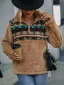 Pull en polaire marron pour femme avec demi-zip et motifs géométriques ethniques - S / Kaki