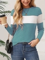 Women's slim-fit knit top with teal and white contrast stripes and ribbed texture - S / Light Green