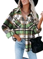 Green and brown plaid flannel shirt jacket for women with pockets and casual loose fit - S / Green