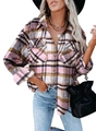 Plaid flannel shirt jacket in pink and brown tones with double chest pockets - S / Pink
