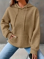 Detail of khaki waffle knit hoodie showing drawstrings and textured fabric texture - Khaki