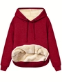 Women's red drawstring hoodie with warm beige fleece lining and front pocket - 1XL / Burgundy