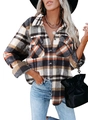 Women's plaid flannel shacket jacket in black orange and white with button chest pockets - S / Orange