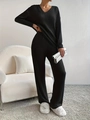 Conjunto de 2 piezas de punto acanalado negro para mujer con cuello en V y pantalón - S / Top Y Pantalón / Negro