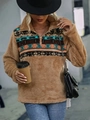 Pull en polaire camel pour femme avec demi-zip col montant et imprimé ethnique chic - 1XL / Kaki