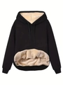 Women's black oversized hoodie with thick beige sherpa lining and adjustable drawstrings - 1XL / Black