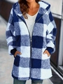 Women's blue and white plaid fleece hooded jacket with full zipper and side pockets - S / Blue