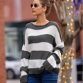 Jersey de punto a rayas para mujer con cuello redondo y diseño de hombros caídos - S / Gris