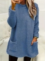Women's casual blue long sleeve fleece sweatshirt with round neck and front pockets - 1XL / Light Blue