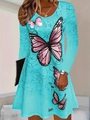 Elegant turquoise long sleeve dress with purple butterfly print and A-line silhouette - S / Sky Blue