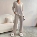 Beigekleurige 2-delige gebreide loungeset voor dames met V-hals top en wijde lange broek - S / Abrikoos
