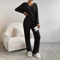 Dames 2-delige gebreide zwarte set met V-hals top en wijde comfortabele broek - S / Zwart