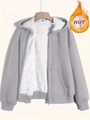 Women winter warm gray hooded sweatshirt with thick white fleece lining and zipper - S / Light Gray