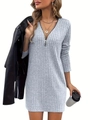 Elegant grey V-neck knit dress with zipper detail and long sleeves for women - S / Dresses / Light Gray