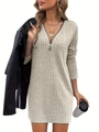 Detail of V-neck ribbed knit dress with silver ring zipper and oatmeal beige texture - S / Dresses / Apricot