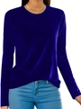Women's royal blue velvet long sleeve round neck T-shirt with slim fit casual style - S / Dark Blue