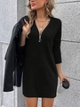 Detail showing deep V-neckline with silver metal zipper and ribbed knit fabric texture - S / Dresses / Black