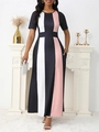 Slim fit color-block maxi dress with short sleeves and geometric contrast pattern - S / Pink