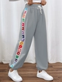 Damen Jogginghose in Grau mit bunten geometrischen Blumenstreifen und Kordelzug - S / Grau